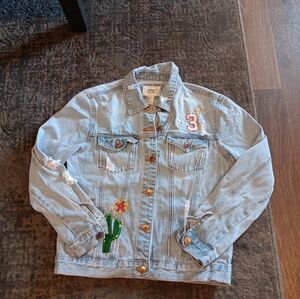 Forever 21+ Women's Denim Jean Jacket Distressed Embellished Cactus Sequin Sz S